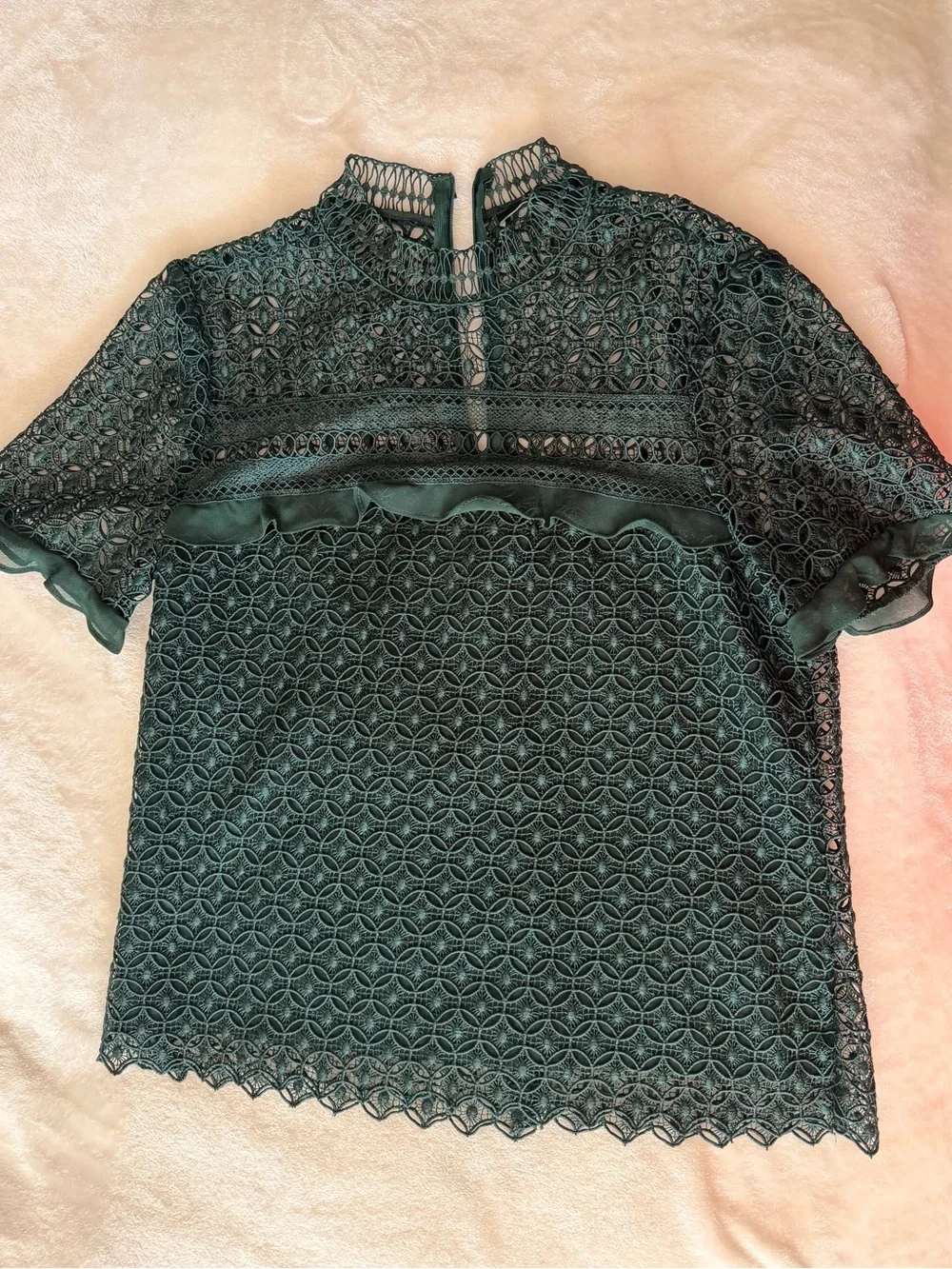 Zara Forest Green Lace Short-Sleeve Top Size M